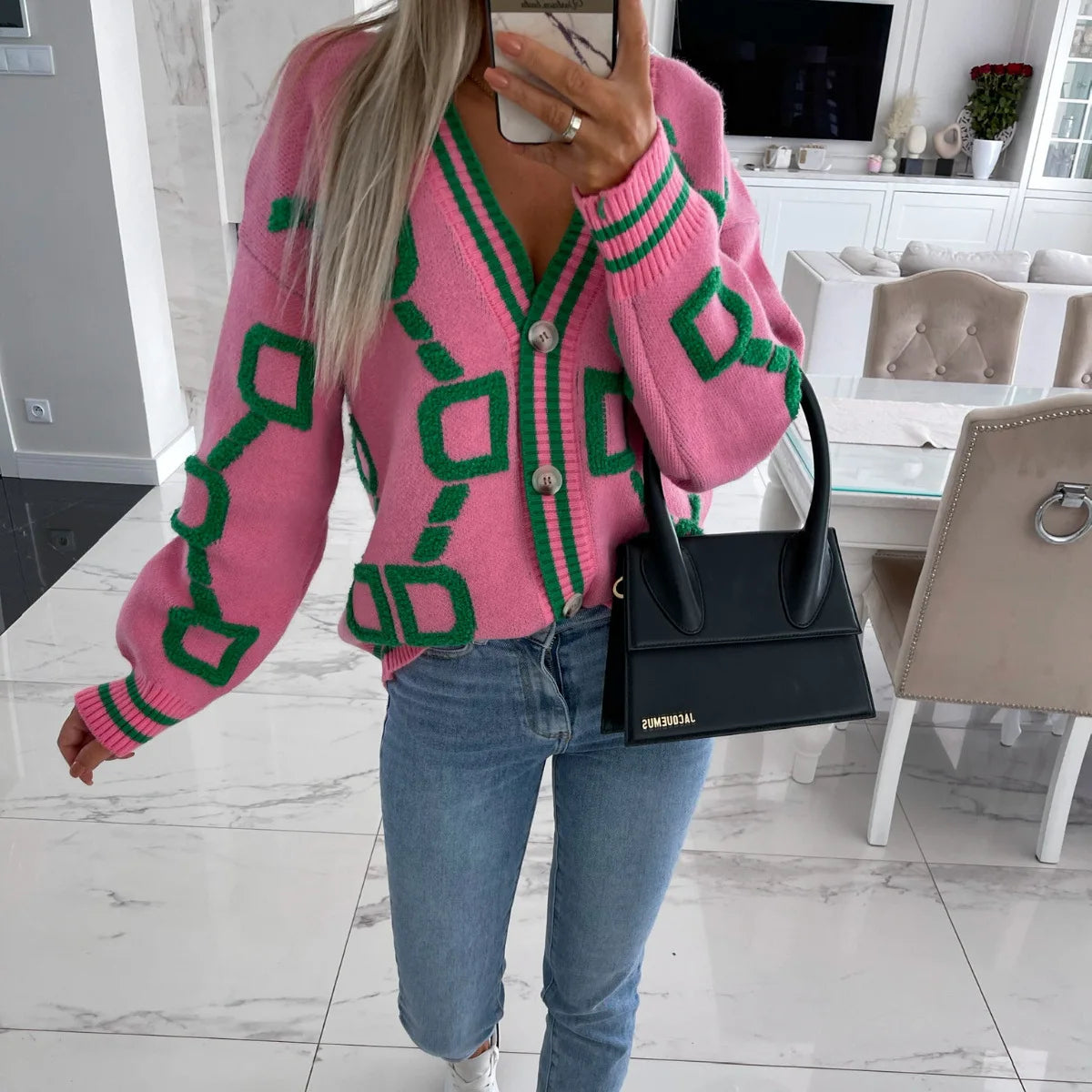 Vireous Jacquard Knitted Women's Cardigan Coat, Candy Colours