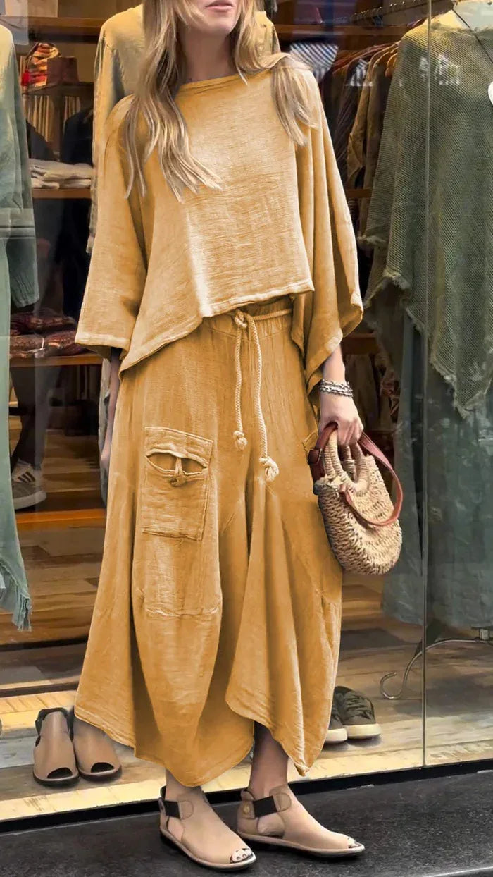 Linen Fashion Bell Sleeve Women's Top and Skirt Two-Piece, Plus Sizes