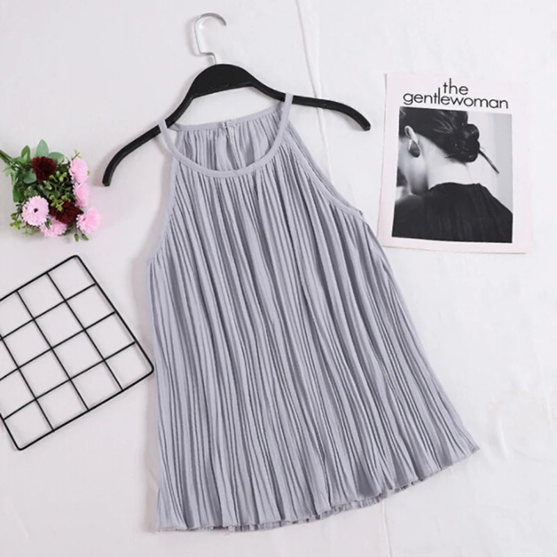 Vireous Summer Sleeveless Ribbed Chiffon Camisole Top