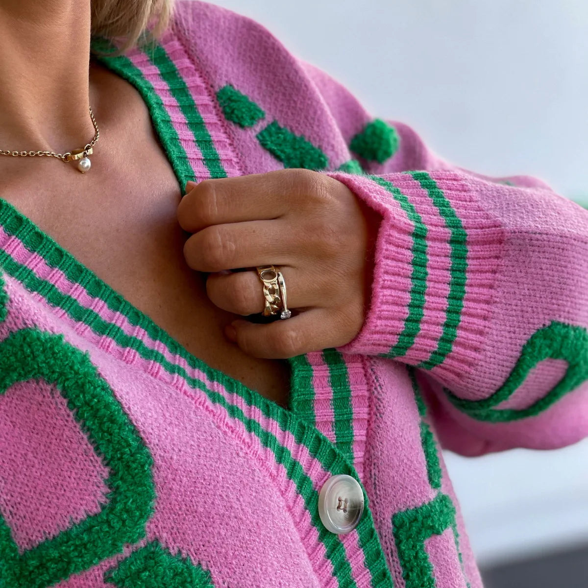 Vireous Jacquard Knitted Women's Cardigan Coat, Candy Colours