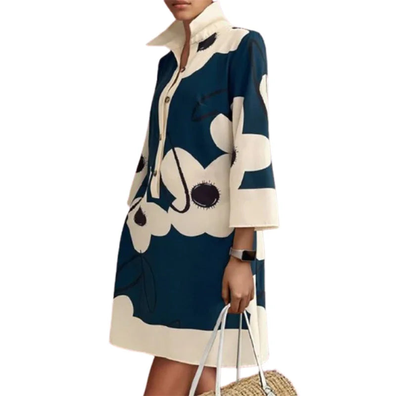 Abstract Floral Print Elegant High-Collar Mini Dress