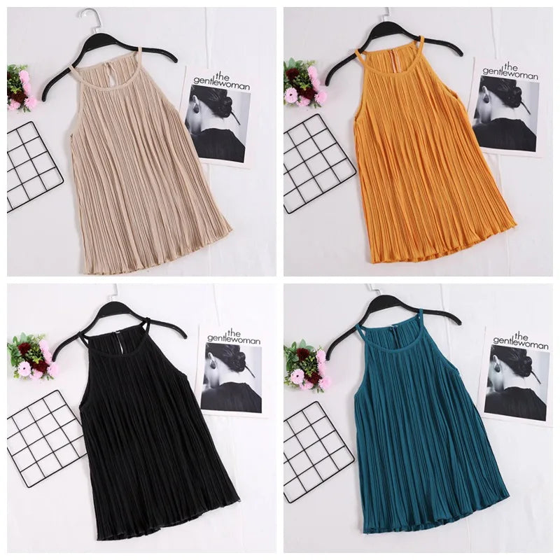 Vireous Summer Sleeveless Ribbed Chiffon Camisole Top