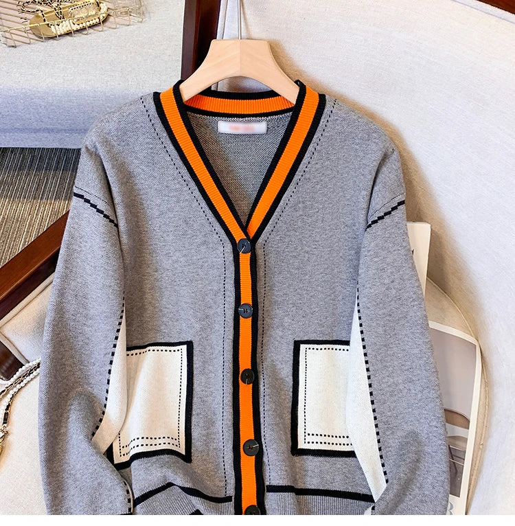 Vireous Women's Oversize Cardigan Sweater, Hermes Orange and Grey
