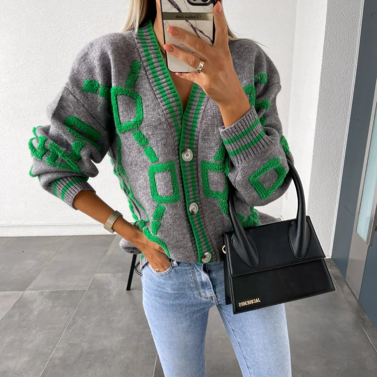 Vireous Jacquard Knitted Women's Cardigan Coat, Candy Colours