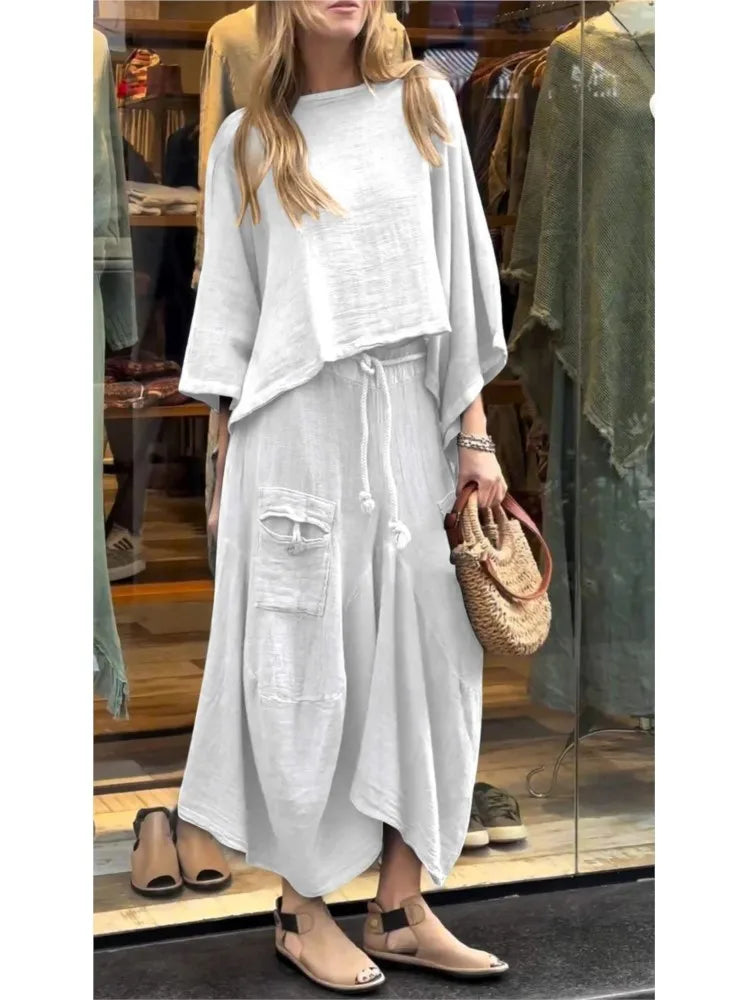 Linen Fashion Bell Sleeve Women's Top and Skirt Two-Piece, Plus Sizes