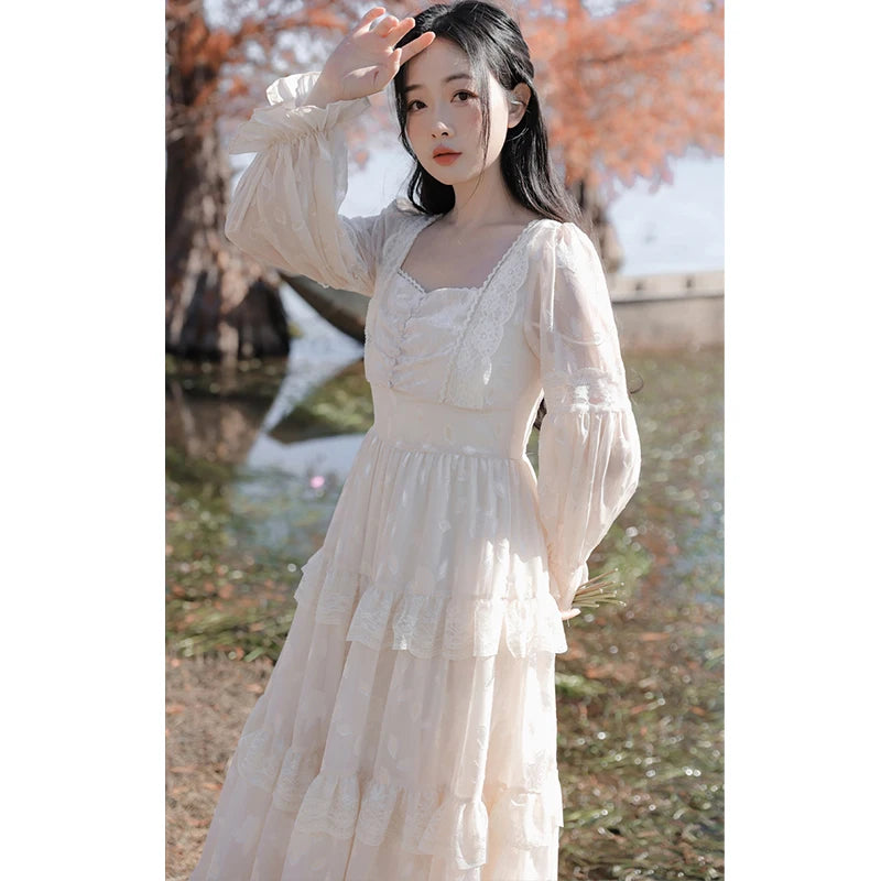 French-Style Fairycore Lolita Sweet Dress, Puff Sleeves