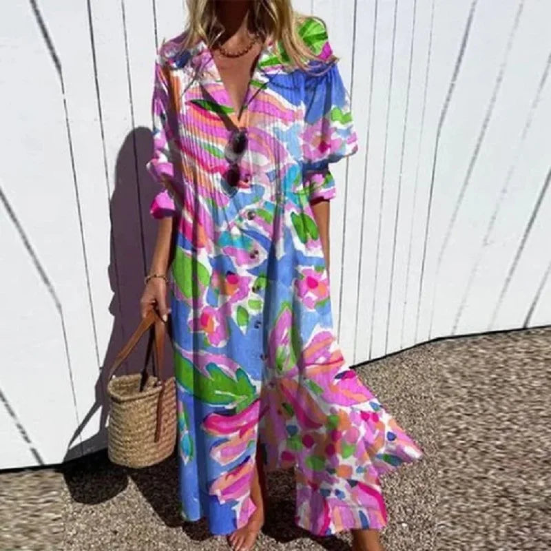 Women's Bright Vibrant Circle Print Long Dress, Plus Sizes