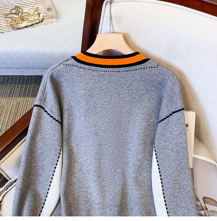 Vireous Women's Oversize Cardigan Sweater, Hermes Orange and Grey