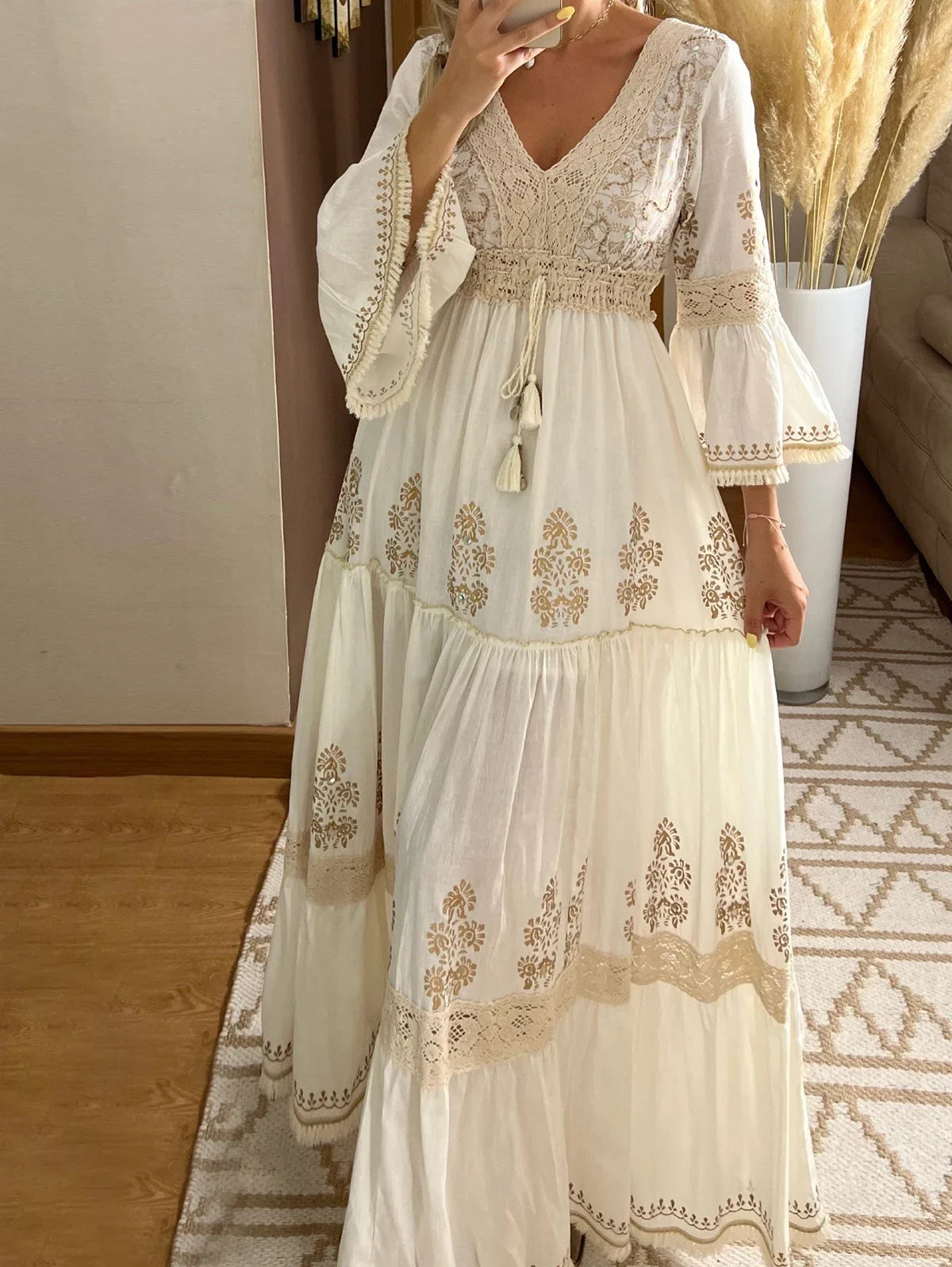 Boho Beige Lace Elegant Classic Flared-Sleeve Holiday Maxi Dress