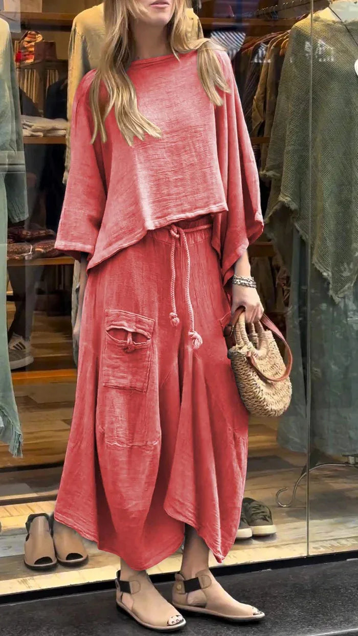 Linen Fashion Bell Sleeve Women's Top and Skirt Two-Piece, Plus Sizes
