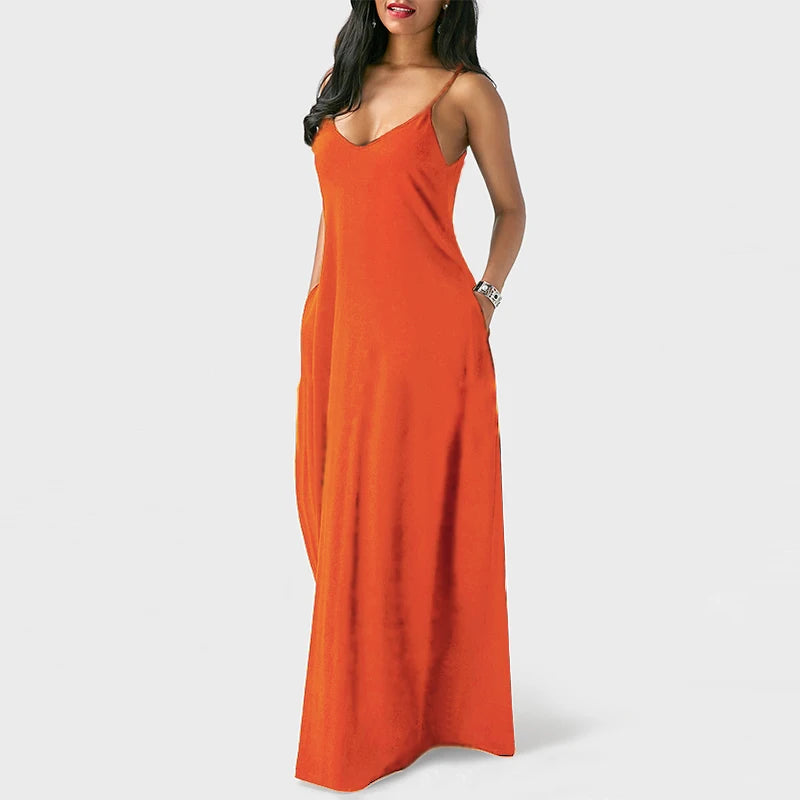 Women's Pocket Classic Long Spaghetti-Strap Dress, Multi Colours