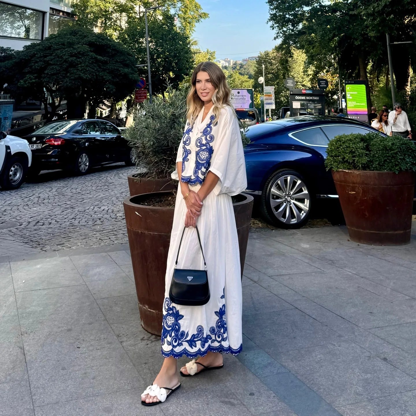 Bohemian-Style White and Blue Embroidered Two-Piece Women's Summer Set