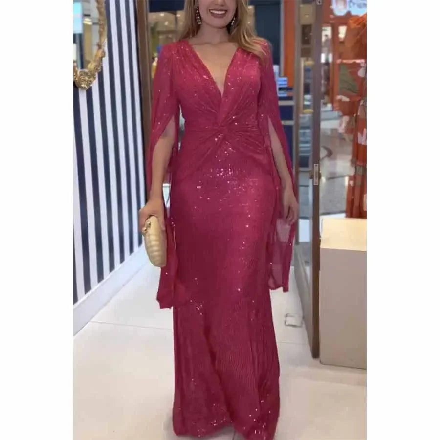 Elegant Sequin Evening Dress, V-Neck Cloak Sleeves