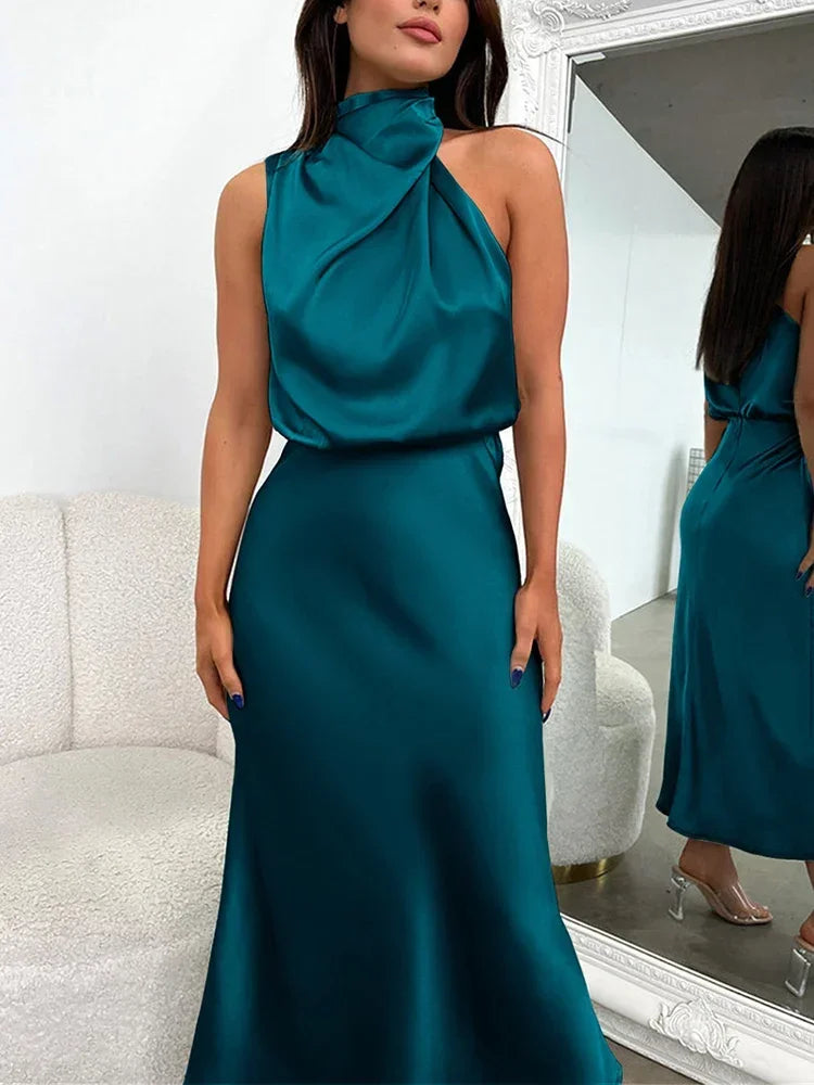 Vireous Summer Silk Satin Sleeveless Long Dress, Draped Bodice