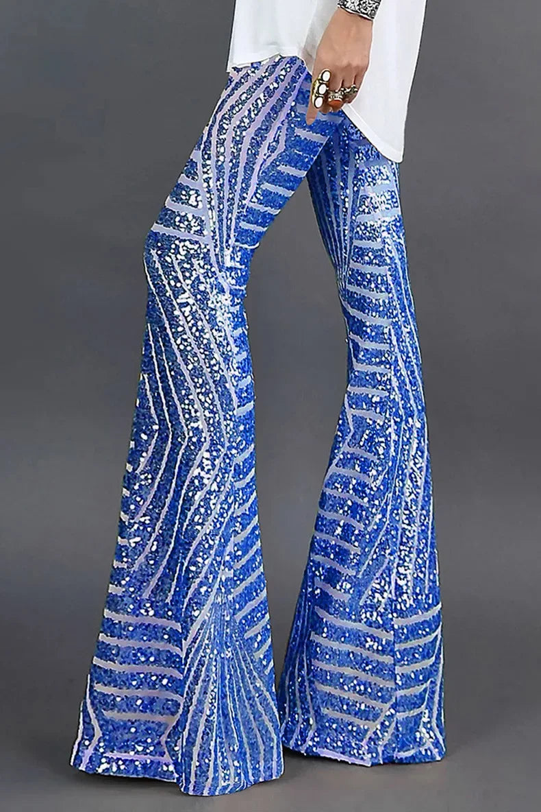 Vireous Women's Sparkling Sequin Slacks, Loose Mid-Waist Trousers
