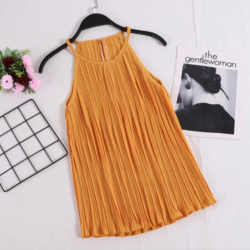 Vireous Summer Sleeveless Ribbed Chiffon Camisole Top