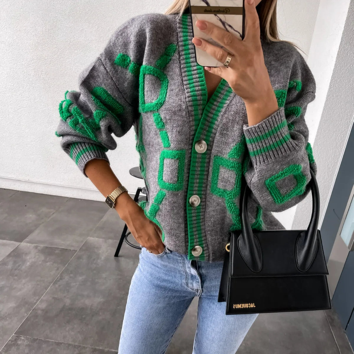 Vireous Jacquard Knitted Women's Cardigan Coat, Candy Colours