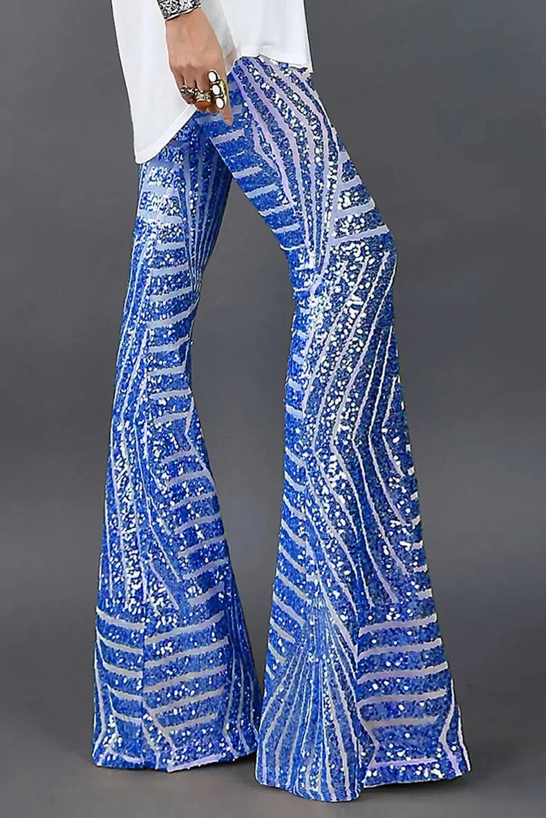 Vireous Women's Sparkling Sequin Slacks, Loose Mid-Waist Trousers