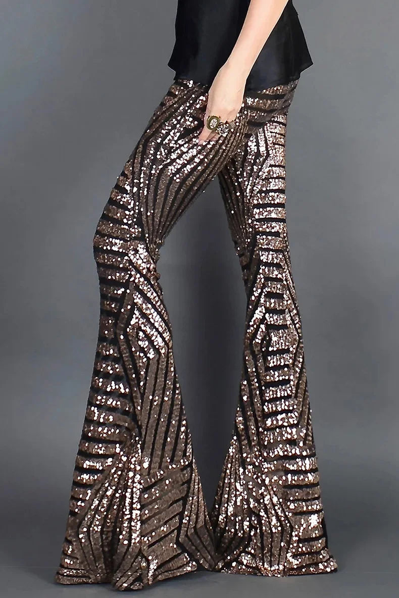 Vireous Women's Sparkling Sequin Slacks, Loose Mid-Waist Trousers