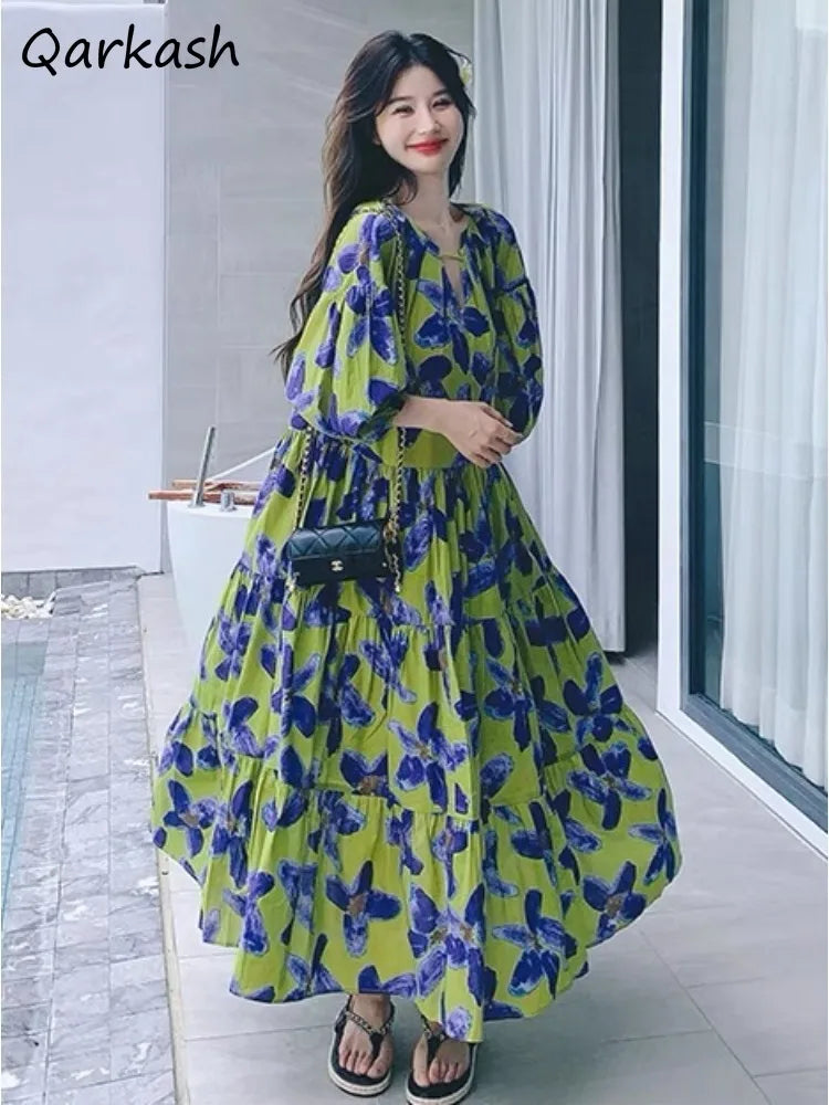 Vireous Elegant Floral Baggy Slouchy Dress