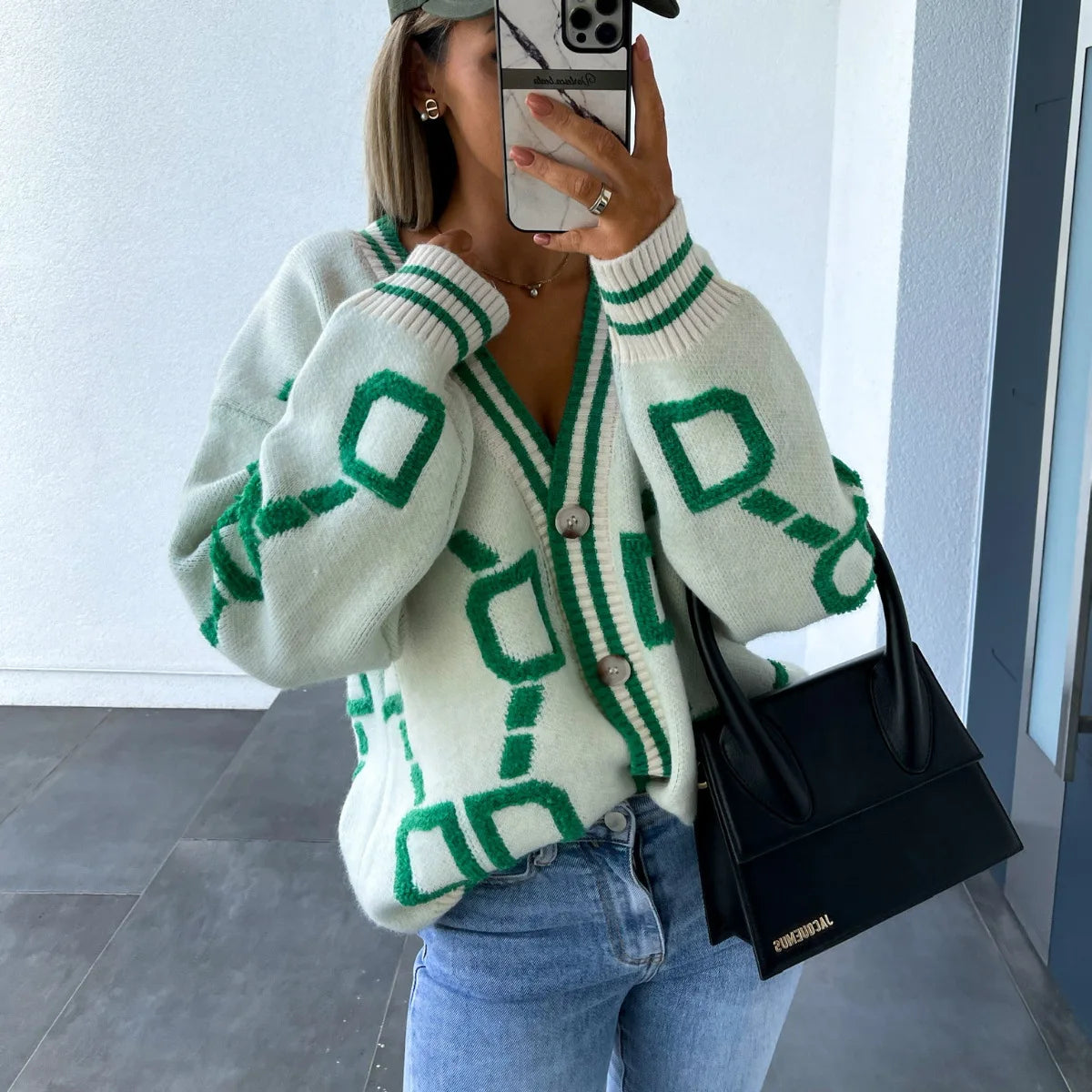 Vireous Jacquard Knitted Women's Cardigan Coat, Candy Colours