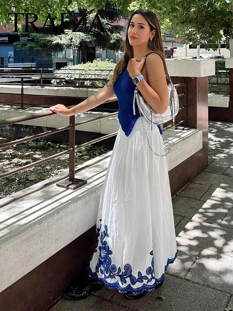 Bohemian-Style White and Blue Embroidered Two-Piece Women's Summer Set