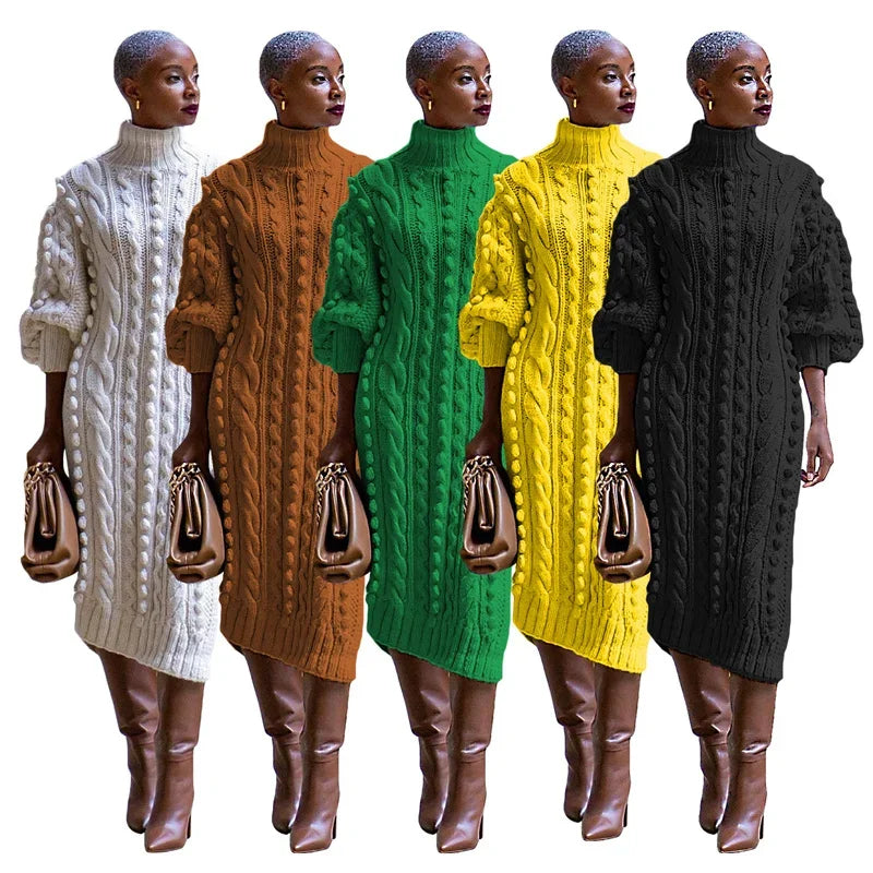 Streetwear Rib Knit Turtleneck Sweater Dress, Autumn and Winter Collection