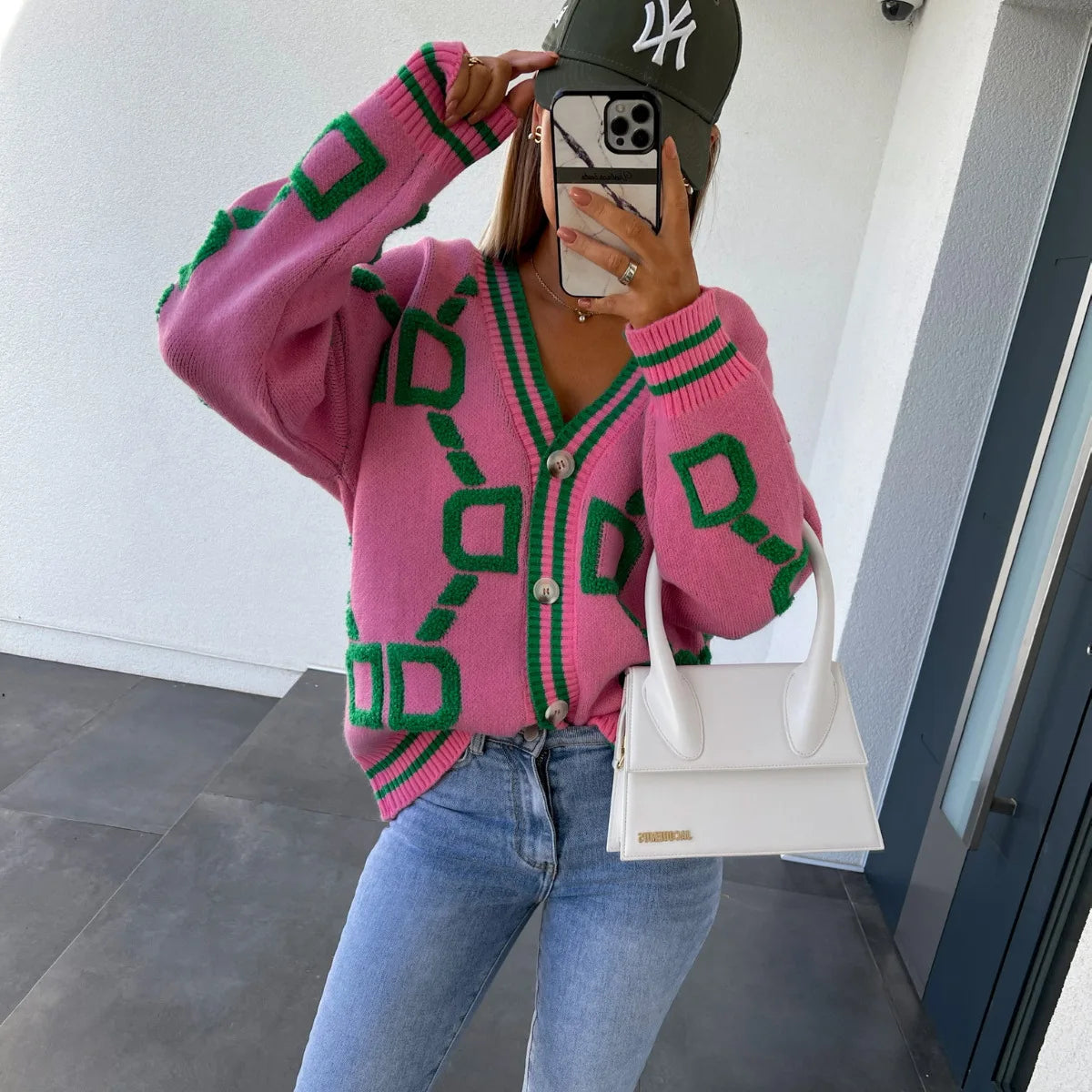 Vireous Jacquard Knitted Women's Cardigan Coat, Candy Colours