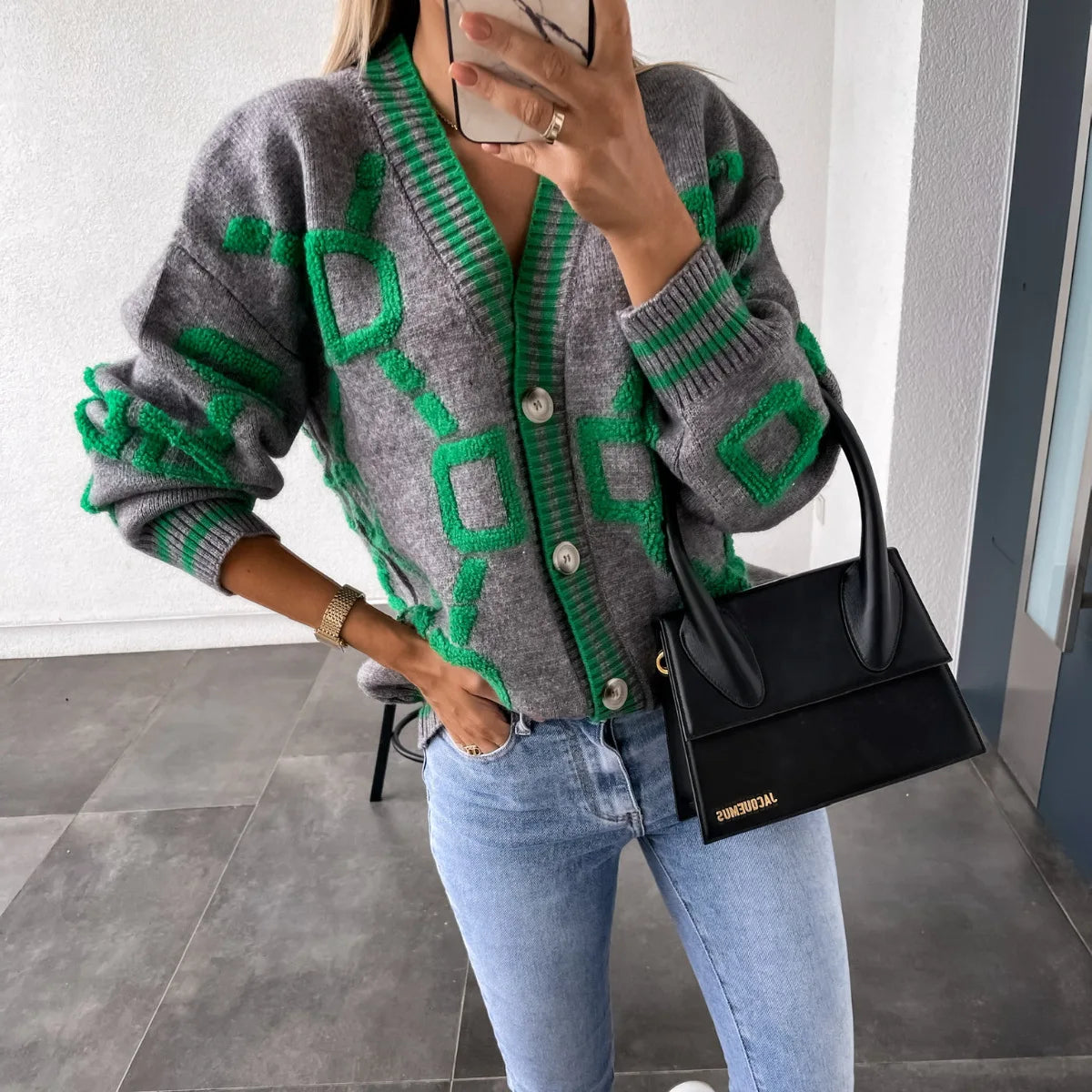 Vireous Jacquard Knitted Women's Cardigan Coat, Candy Colours