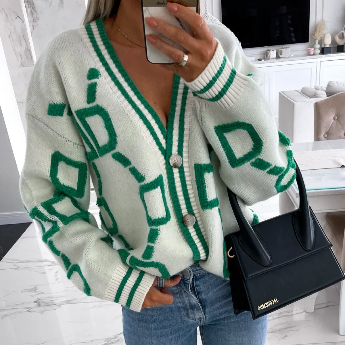 Vireous Jacquard Knitted Women's Cardigan Coat, Candy Colours