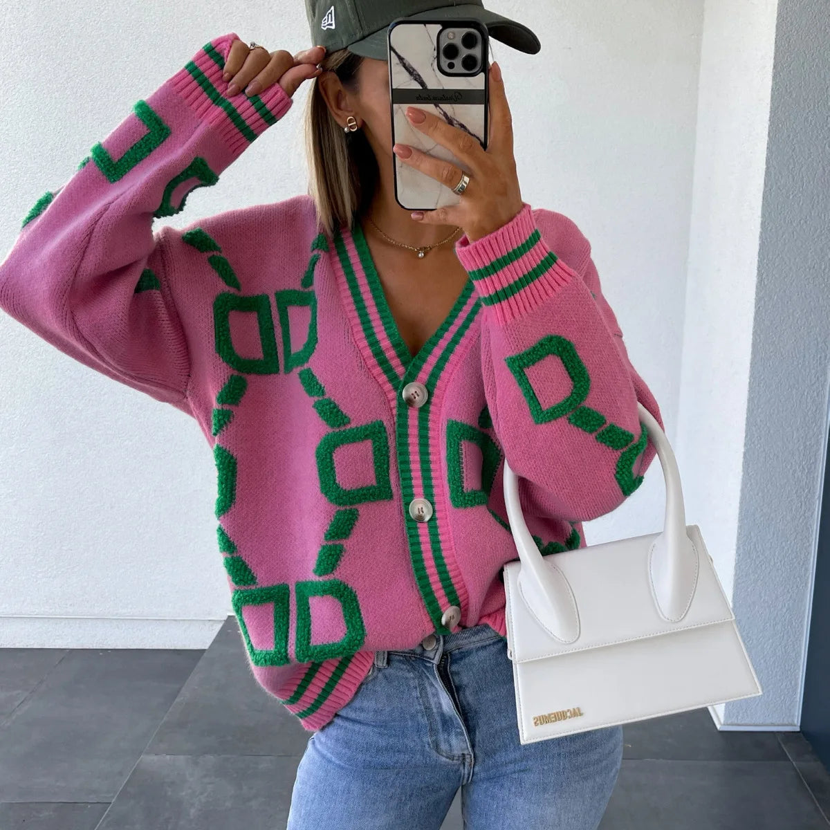 Vireous Jacquard Knitted Women's Cardigan Coat, Candy Colours