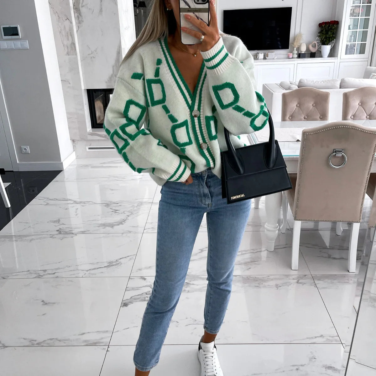 Vireous Jacquard Knitted Women's Cardigan Coat, Candy Colours