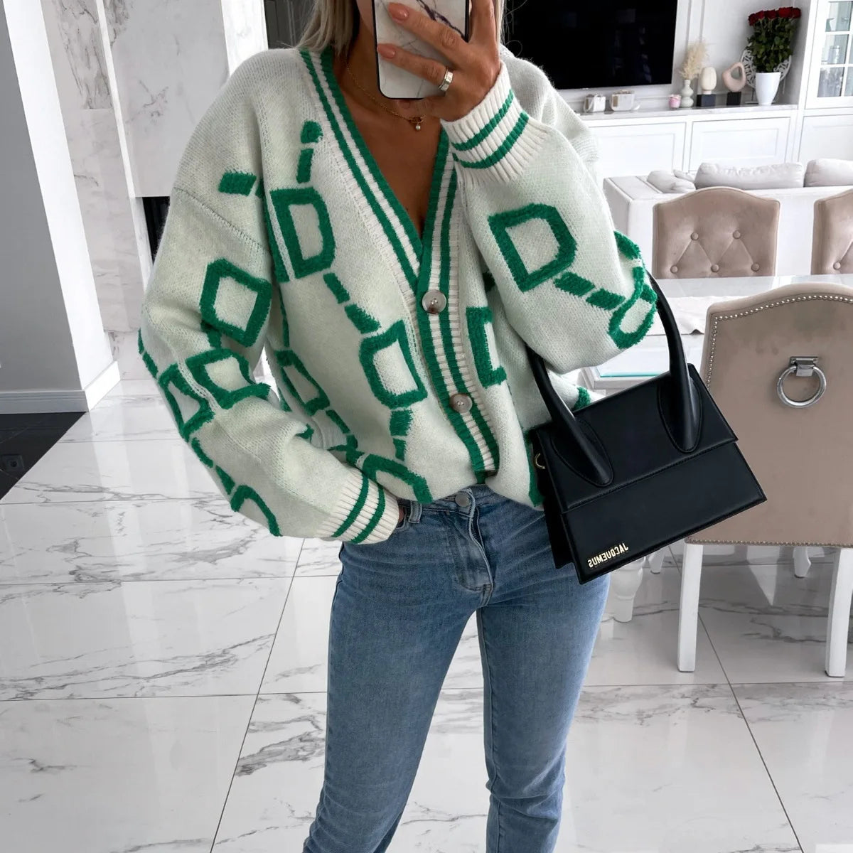 Vireous Jacquard Knitted Women's Cardigan Coat, Candy Colours