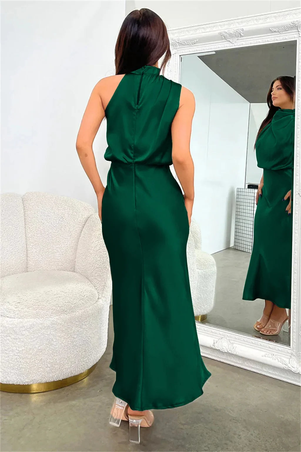 Vireous Summer Silk Satin Sleeveless Long Dress, Draped Bodice