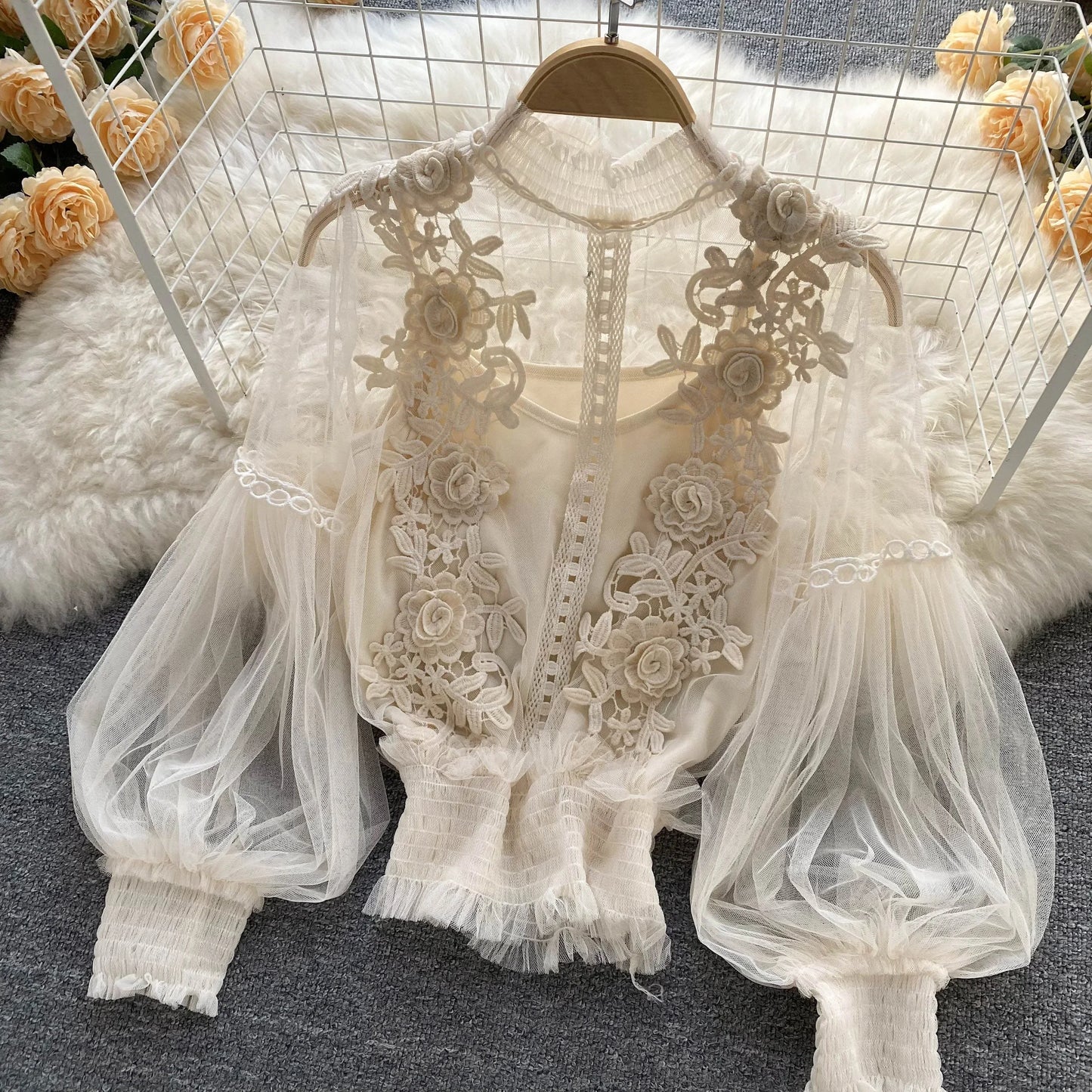 Lace See-Through Puff-Sleeve Vintage Fashion Blouse