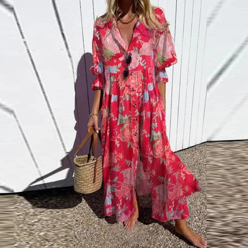 Women's Bright Vibrant Circle Print Long Dress, Plus Sizes
