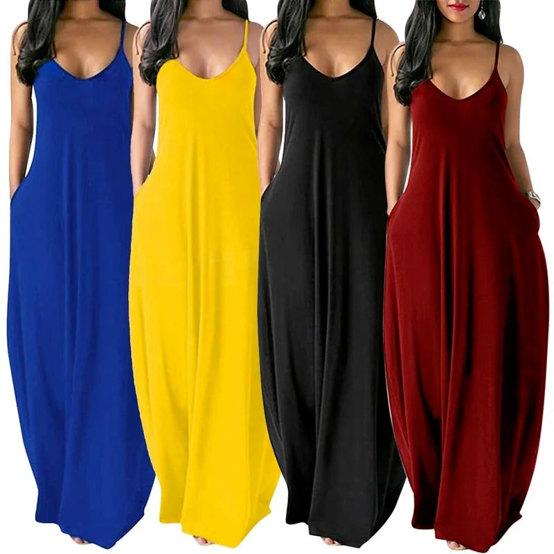 Women's Pocket Classic Long Spaghetti-Strap Dress, Multi Colours
