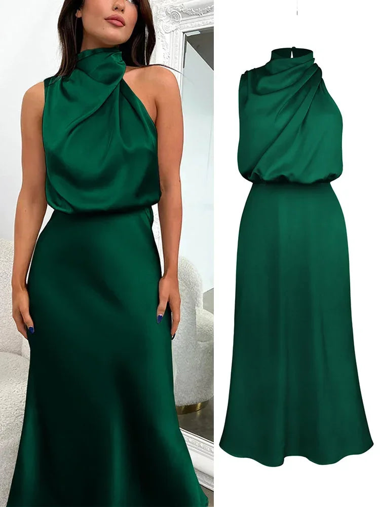 Vireous Summer Silk Satin Sleeveless Long Dress, Draped Bodice