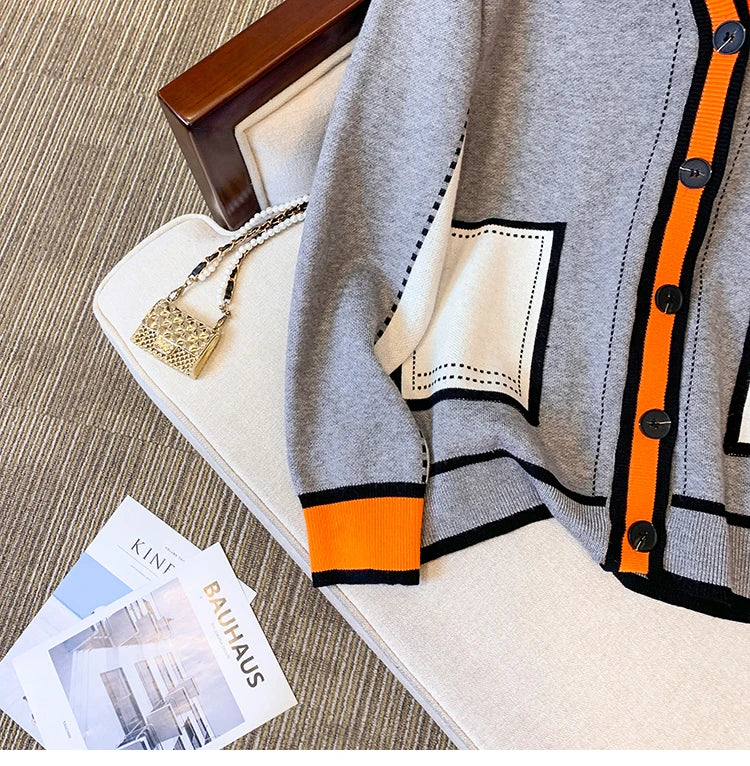 Vireous Women's Oversize Cardigan Sweater, Hermes Orange and Grey