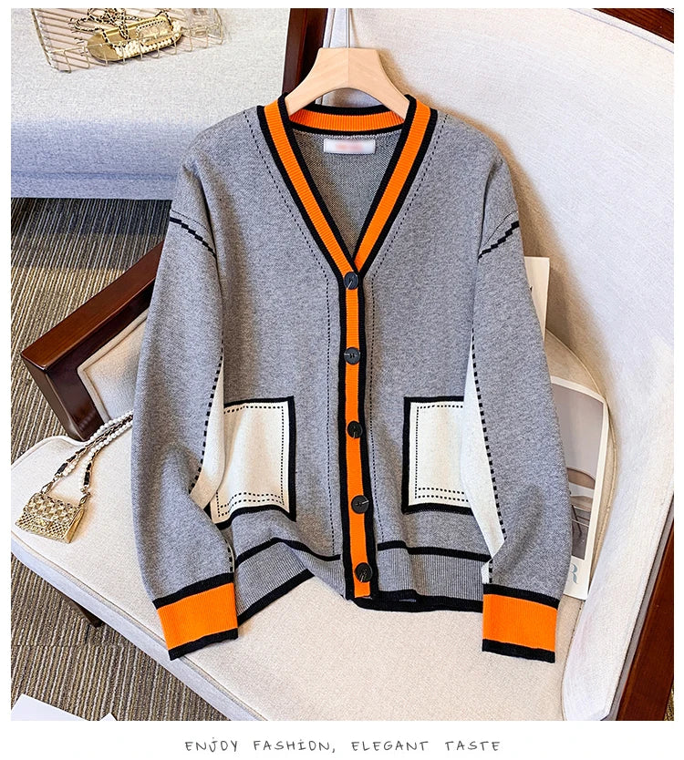 Vireous Women's Oversize Cardigan Sweater, Hermes Orange and Grey