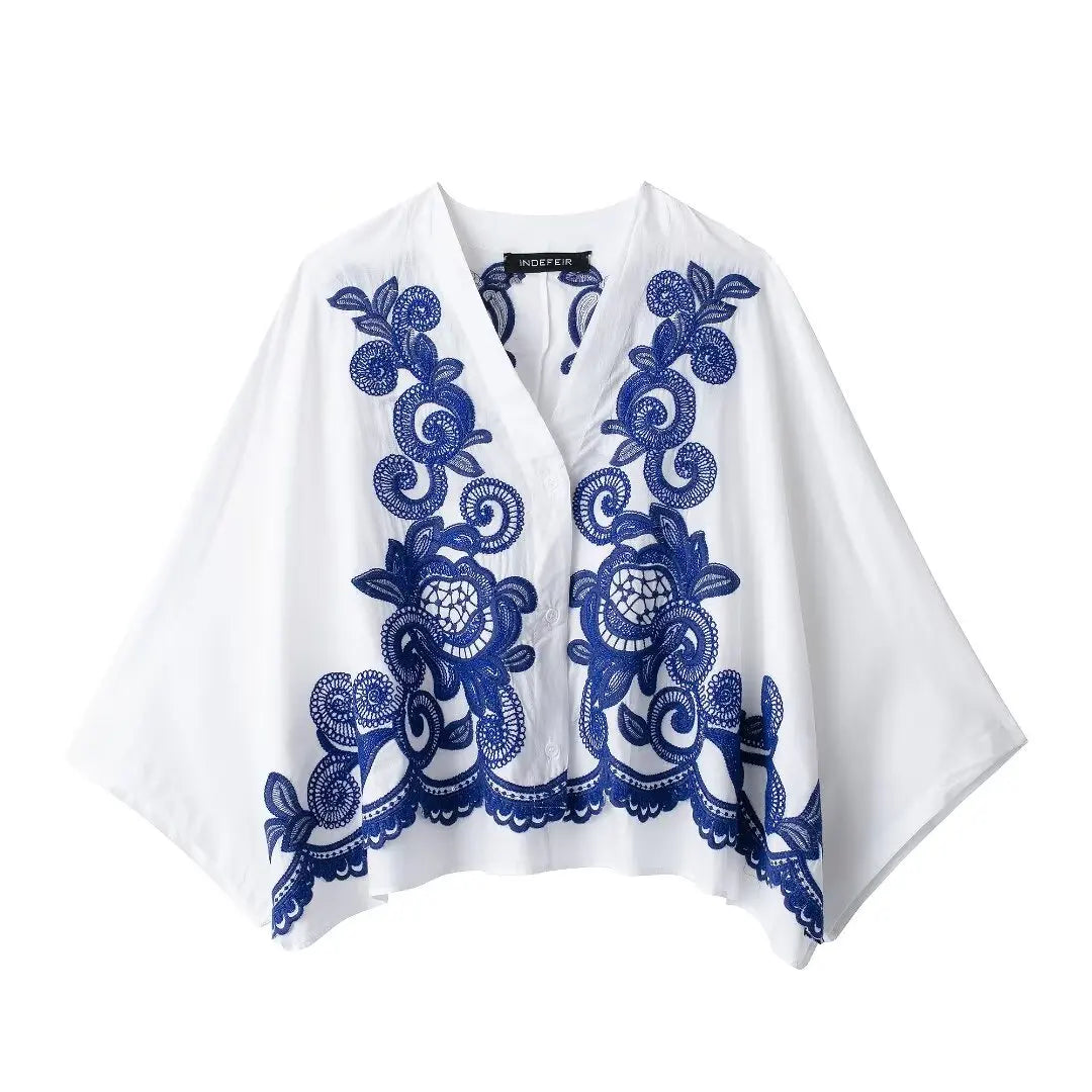 Bohemian-Style White and Blue Embroidered Two-Piece Women's Summer Set