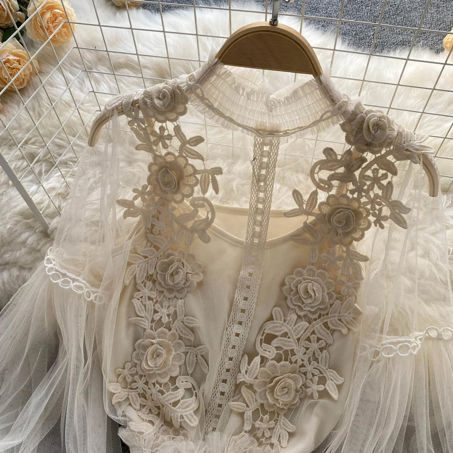 Lace See-Through Puff-Sleeve Vintage Fashion Blouse