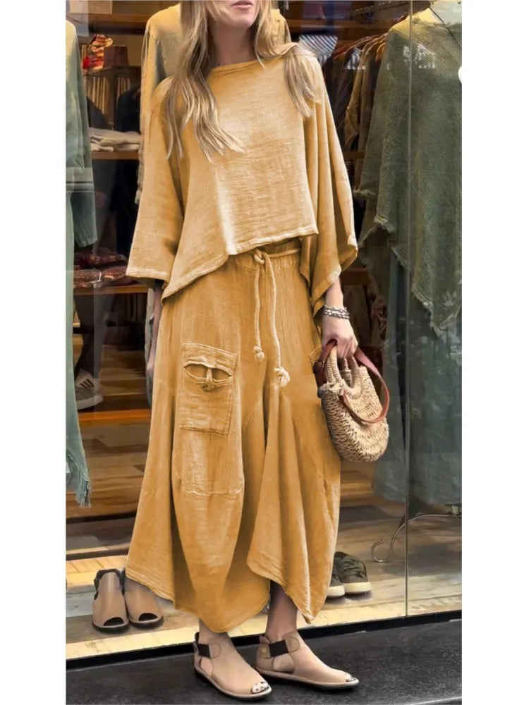 Linen Fashion Bell Sleeve Women's Top and Skirt Two-Piece, Plus Sizes