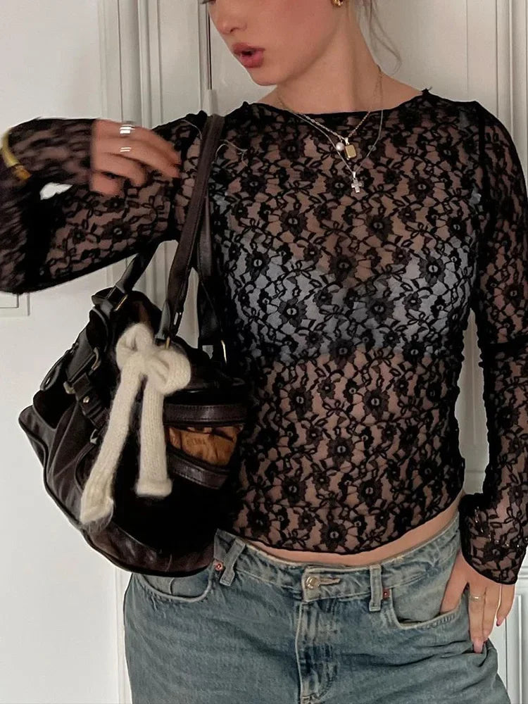 Vireous Long Sleeve See-Through Lace Crop Top