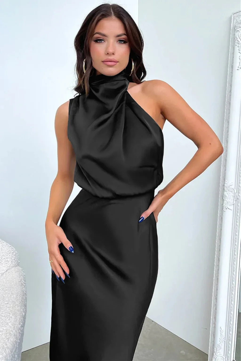 Vireous Summer Silk Satin Sleeveless Long Dress, Draped Bodice
