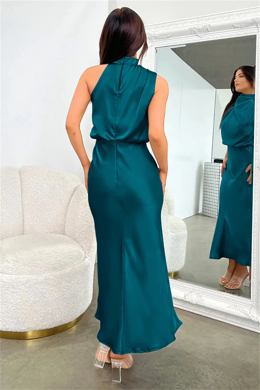 Vireous Summer Silk Satin Sleeveless Long Dress, Draped Bodice