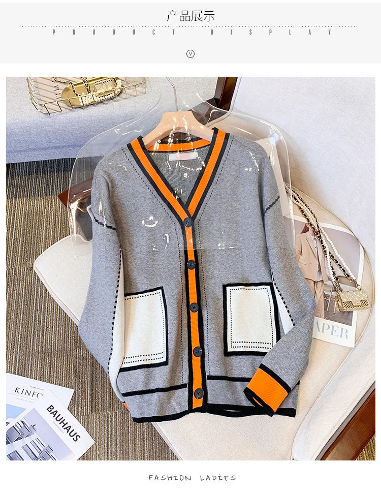 Vireous Women's Oversize Cardigan Sweater, Hermes Orange and Grey