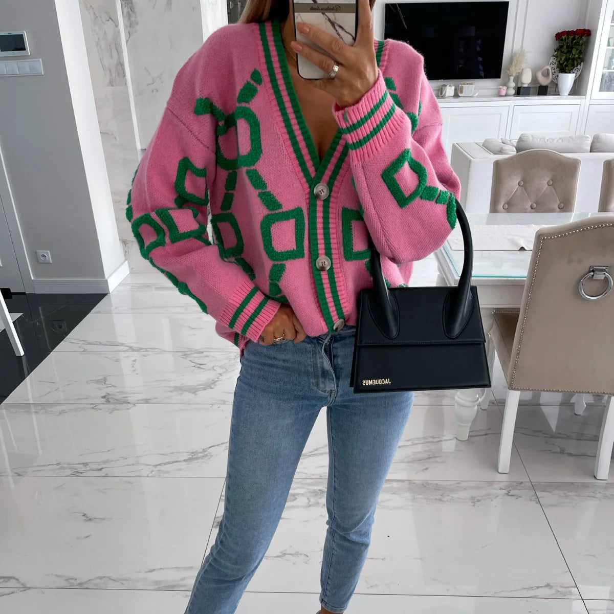 Vireous Jacquard Knitted Women's Cardigan Coat, Candy Colours