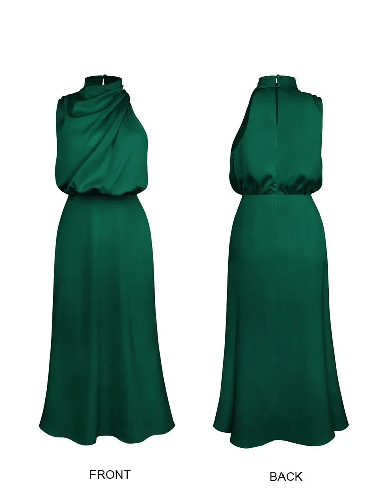 Vireous Summer Silk Satin Sleeveless Long Dress, Draped Bodice