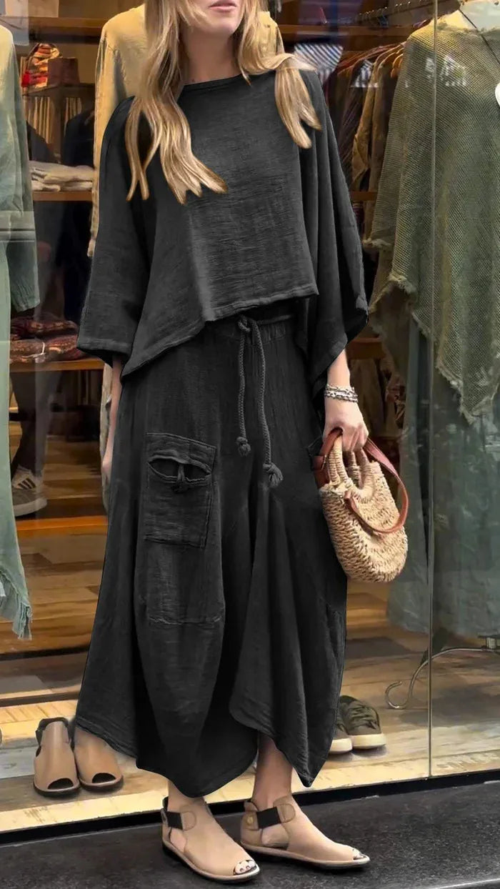 Linen Fashion Bell Sleeve Women's Top and Skirt Two-Piece, Plus Sizes